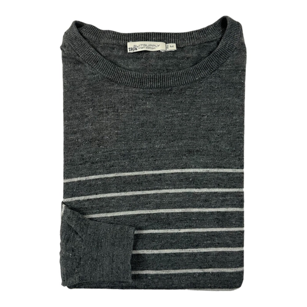 Suitsupply Mens Gray White Striped Cotton Linen Pullover Sweater Size M SW864